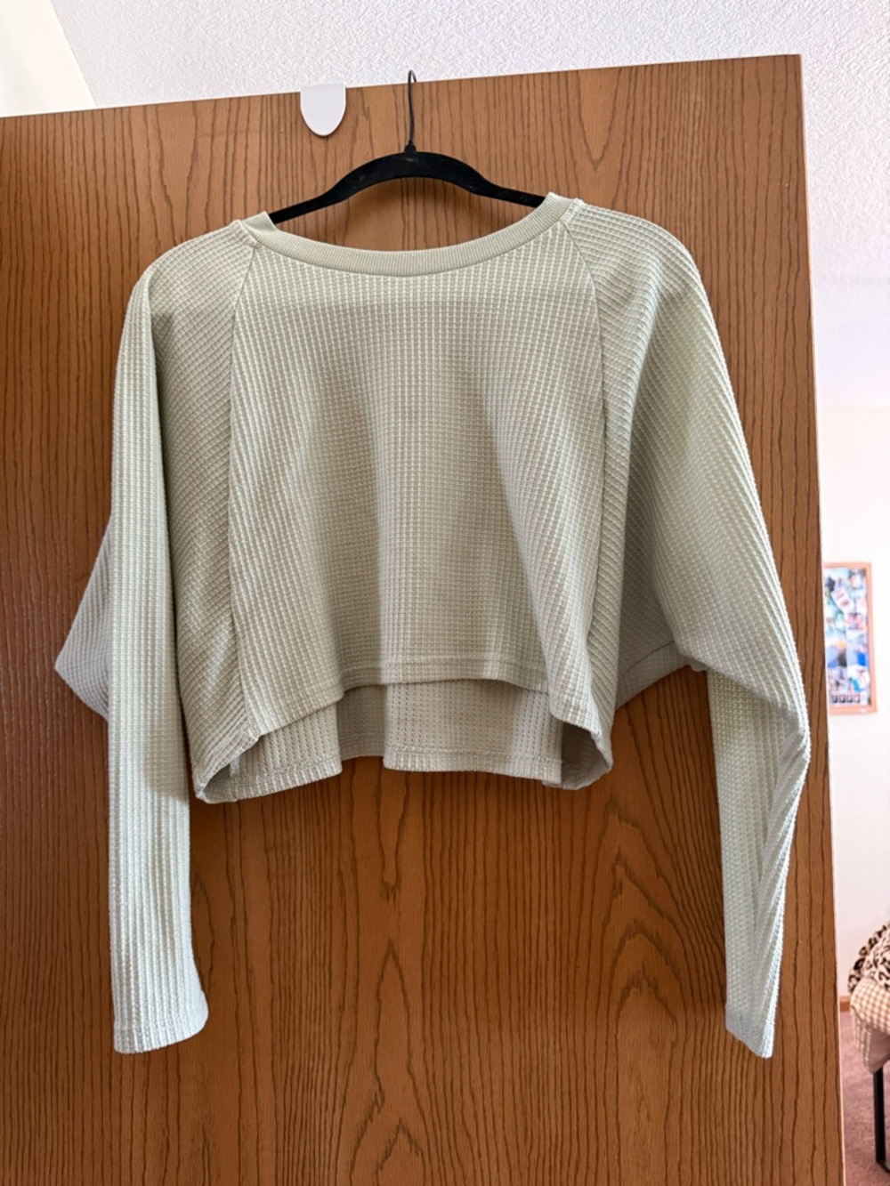 Paper Crane Sage Green Cropped Waffle Knit Long Sleeve Top